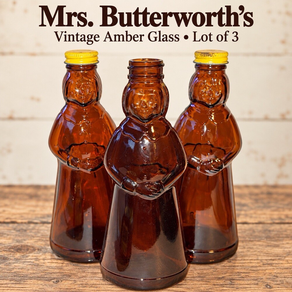 Vintage Mrs Butterworth’s Amber Glass Syrup Bottles Lot of 3 w/ 2 Yellow Caps